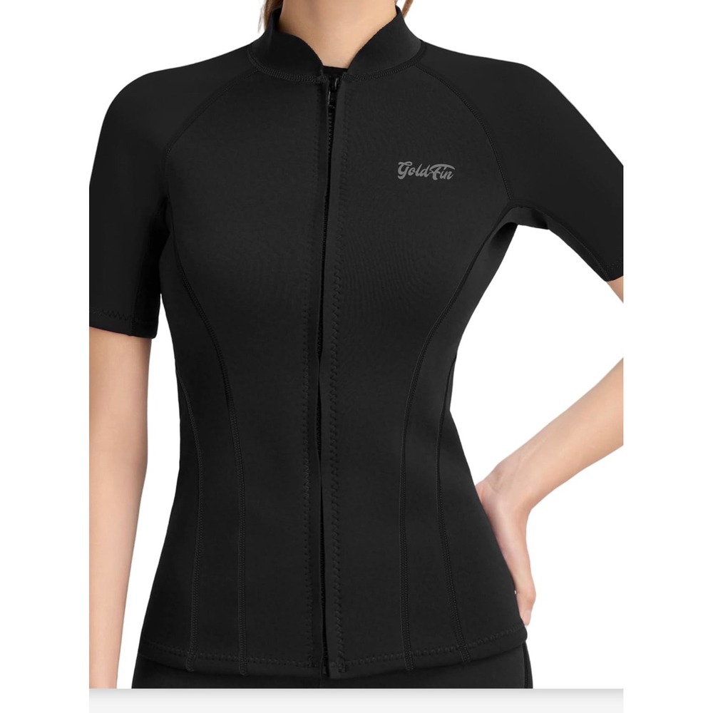 GoldFin Womens Wetsuit Top 2mm Neoprene Short Sleeve Front Zip Jacket Black S